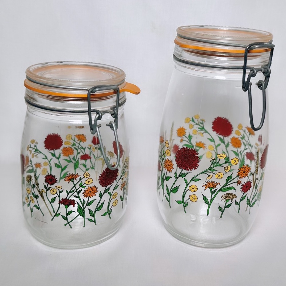 Set of 2 Vintage 1970s Glass Canisters by Artist R. Carman for Arc France